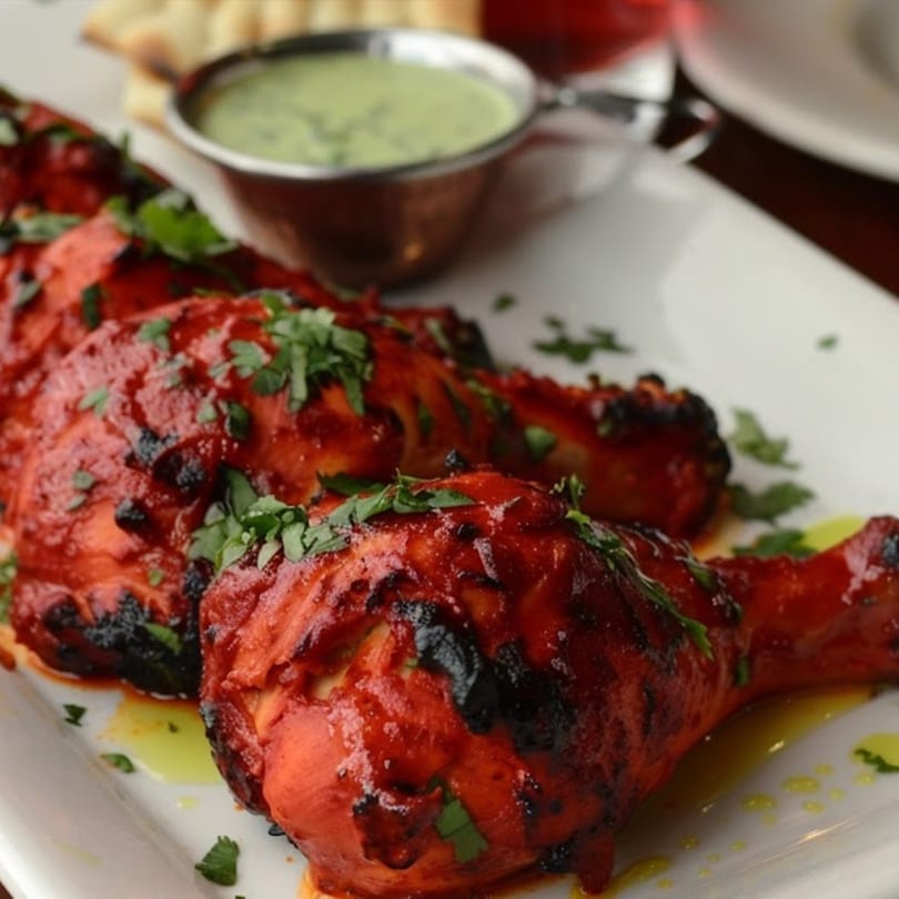 Four vibrant red Tandoori chicken drumsticks, garnished with fresh cilantro, served with green chutney.